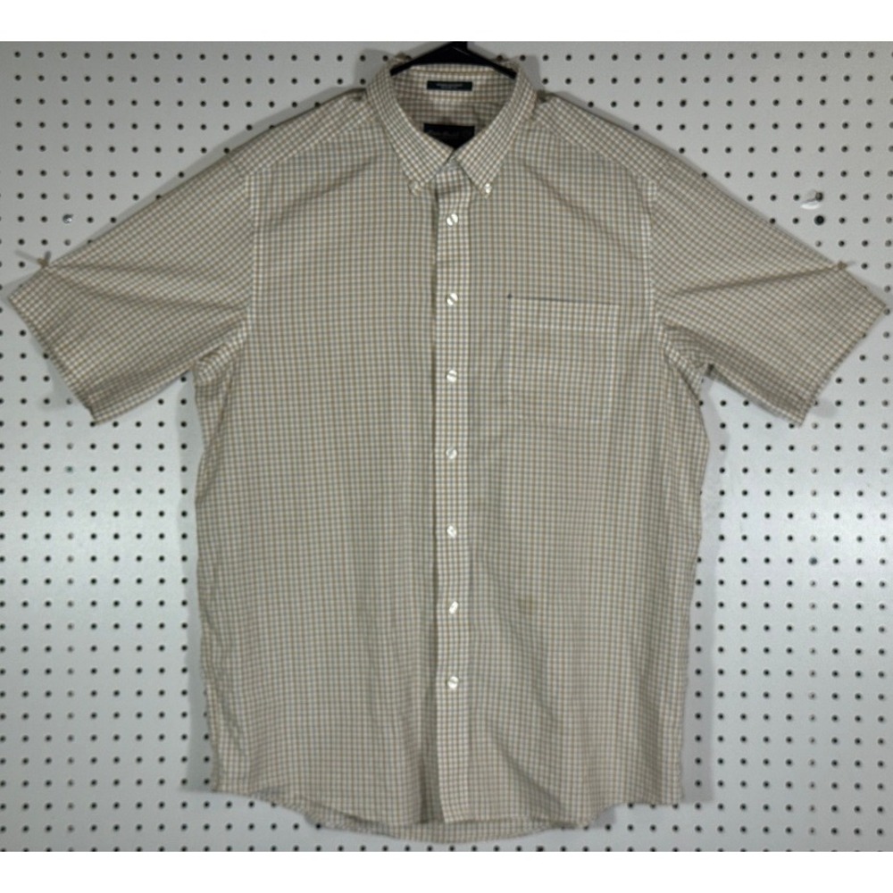 Eddie Bauer Mens Large Tall LT Tan Plaid Short Sleeve Button Down Shirt Cotton